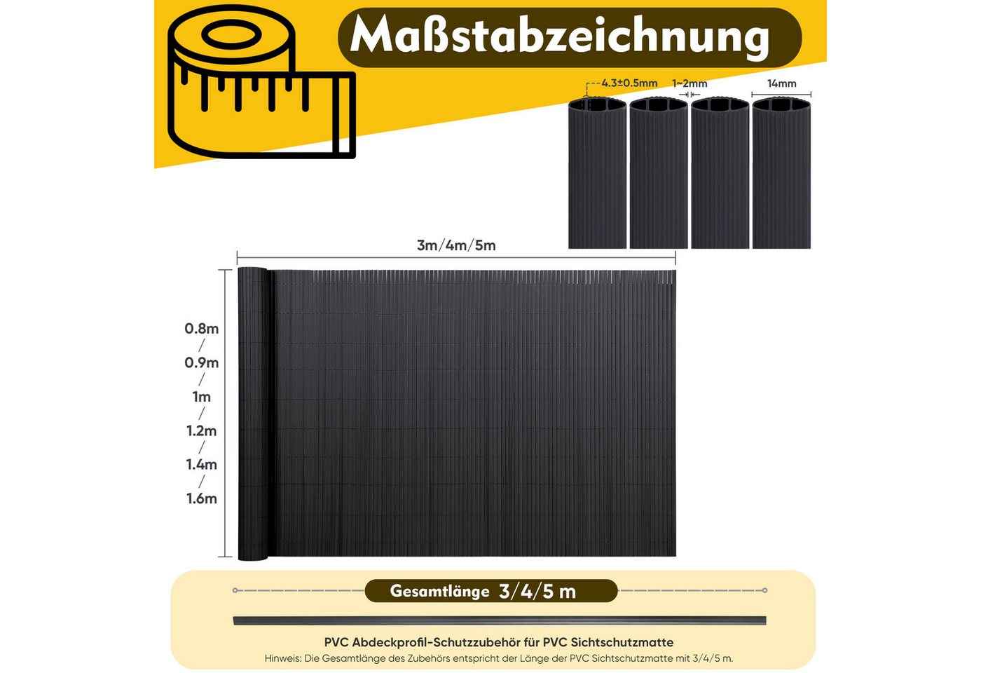 Sekey Balkonsichtschutz PVC Sichtschutzmatte mit Abschlussleiste & Kabelbindern ohne Bohren Windschutz, Wasserdicht, UV-Beständig für Balkon Garten Terrasse – Bild 4 von 5