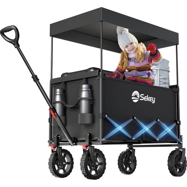 Sekey Bollerwagen Bollerwagen Faltbar mit Dach, 150L Handwagen Tragfähigkeit von 150 kg, Klappbarer Transportwagen mit Sonnenschutz für Ausflug Strand Camping