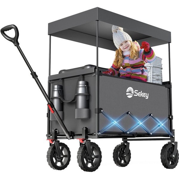 Sekey Bollerwagen Bollerwagen Faltbar mit Dach, 150L Handwagen Tragfähigkeit von 150 kg, Klappbarer Transportwagen mit Sonnenschutz für Ausflug Strand Camping