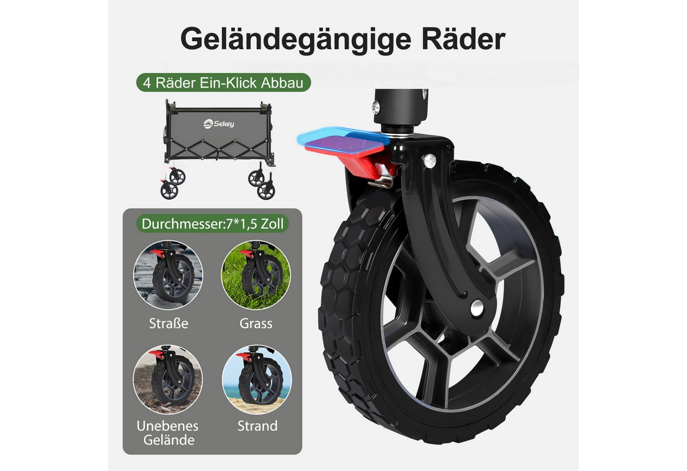 Sekey Bollerwagen Bollerwagen Faltbar mit Dach, 150L Handwagen Tragfähigkeit von 150 kg, Klappbarer Transportwagen mit Sonnenschutz für Ausflug Strand Camping – Bild 4 von 5