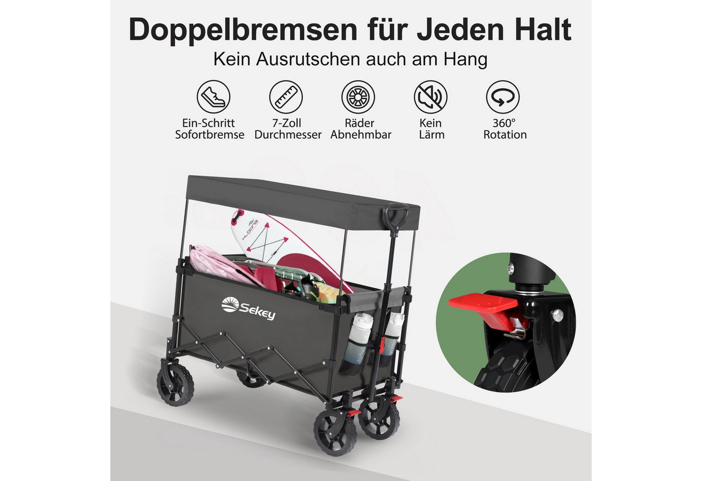 Sekey Bollerwagen Bollerwagen Faltbar mit Dach, 150L Handwagen Tragfähigkeit von 150 kg, Klappbarer Transportwagen mit Sonnenschutz für Ausflug Strand Camping – Bild 5 von 5