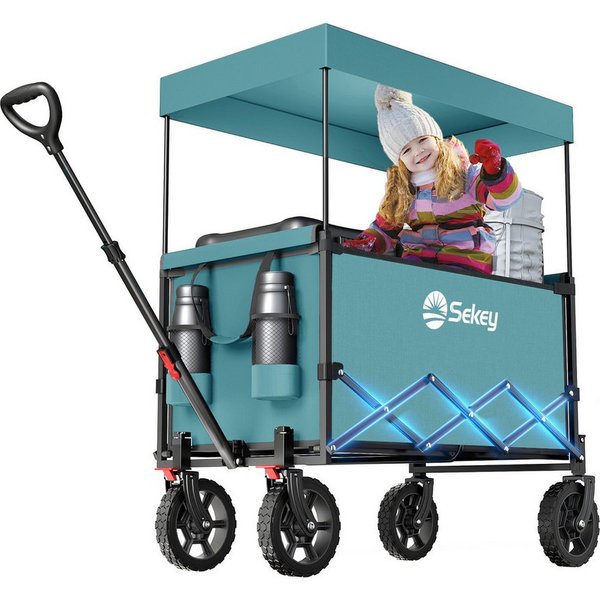 Sekey Bollerwagen Bollerwagen Faltbar mit Dach, 150L Handwagen Tragfähigkeit von 150 kg, Klappbarer Transportwagen mit Sonnenschutz für Ausflug Strand Camping