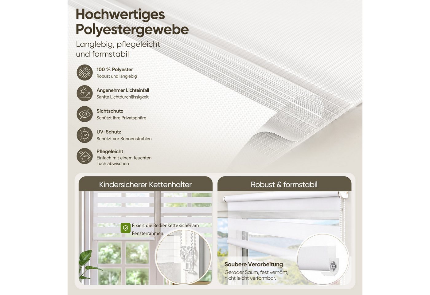 Doppelrollo Doppelrollo Rollos für Fenster ohne Bohren oder mit Bohren, Sekey, Klemmfix, für Fenster und Tür, freihängend mit Klemmträger, Seitenzugrollo – Bild 5 von 5