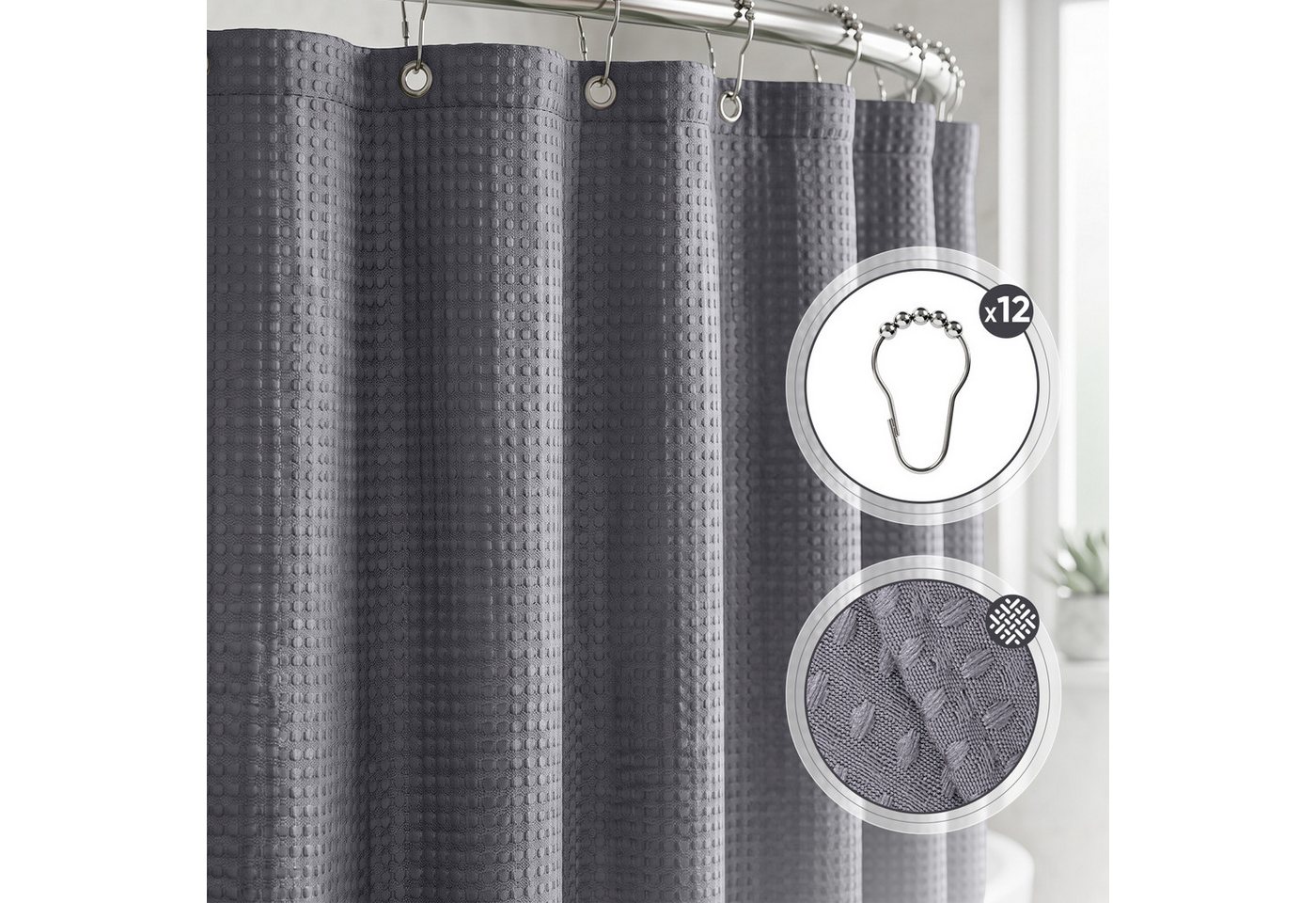 Sekey Duschvorhang Textil Duschvorhang Wannenvorhang Waschbar wasserabweisend mit Ringe Breite 180 cm (Packung, inkl. 12 Ringe), Badewannenvorh, 100% Polyester, – Bild 2 von 5