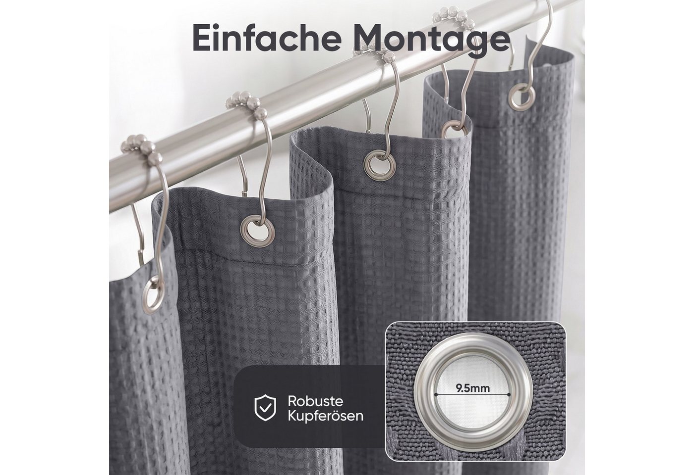 Sekey Duschvorhang Textil Duschvorhang Wannenvorhang Waschbar wasserabweisend mit Ringe Breite 180 cm (Packung, inkl. 12 Ringe), Badewannenvorh, 100% Polyester, – Bild 5 von 5