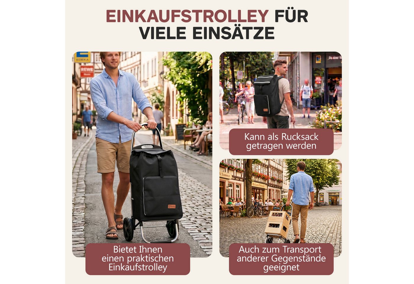 Sekey Einkaufstrolley 4-in-1 Einkaufstrolley Klappbar Einkaufswagen mit Rucksack, Kühltasche, 60 l, 60 l, Klappbarer Transportwagen, Handwagen mit großen Rädern – Bild 4 von 5