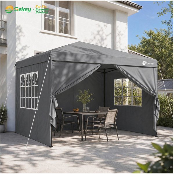 Sekey Faltpavillon 2x2/3x3/3x6 m, Gartenpavillon mit 4 Seitenteilen Partyzelt Wasserdicht, mit 4 Seitenteilen, Gartenpavillon 3 x 3 winterfest, Pavillon Pop Up 