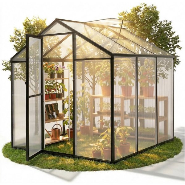 Sekey Gewächshaus Aluminium Treibhaus Garten Pflanzen Tomatenhaus wetterfest Schiebetür, 185x185x195cm, Hohlkammerplatten UV-stabilisiert Gartenhaus mit Griff