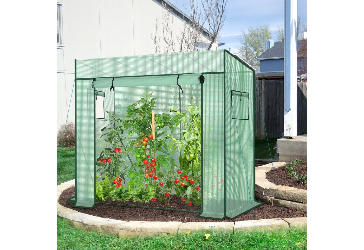 Sekey Gewächshaus Schrägdach Foliengewächshaus Tomatenhaus Begehbares Tomatengewächshaus, 200x77x146/169cm, 140g/m² PE Plane Wasserdicht Wetterfest Pflanzenhaus – Bild 3 von 5