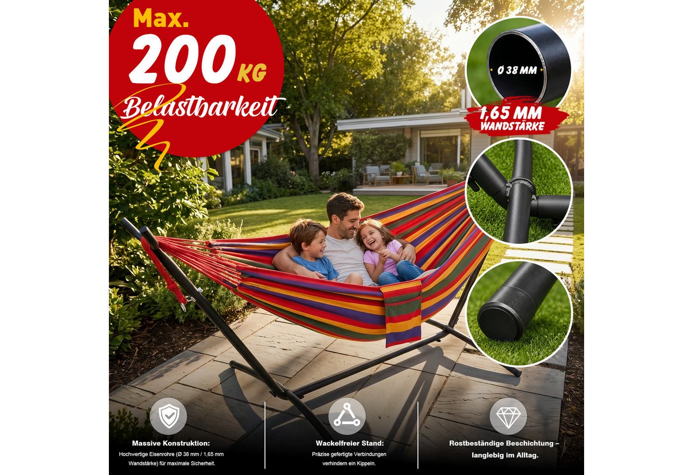 Sekey Hängematte mit Gestell, höhenverstellbare Doppelhängematte bis 200 kg belastbar, mit Tragetasche für Garten, Balkon und Terrasse, Indoor & Outdoor – Bild 2 von 5
