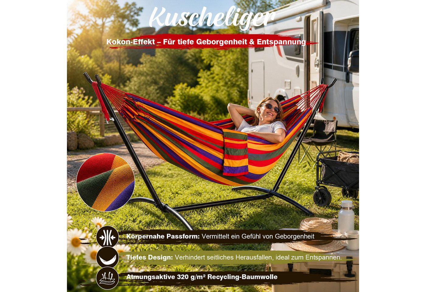 Sekey Hängematte mit Gestell, höhenverstellbare Doppelhängematte bis 200 kg belastbar, mit Tragetasche für Garten, Balkon und Terrasse, Indoor & Outdoor – Bild 3 von 5