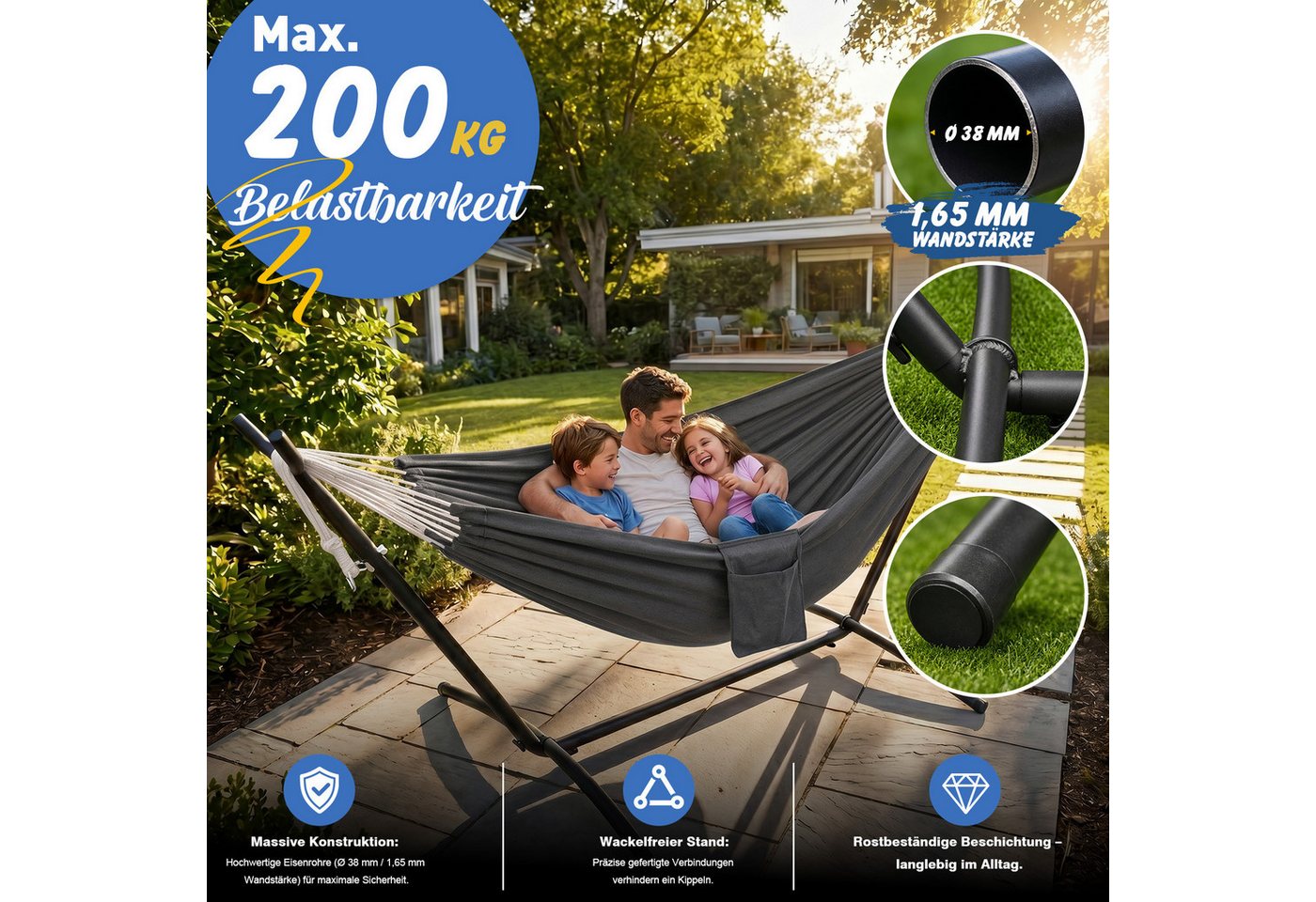 Sekey Hängematte mit Gestell, höhenverstellbare Doppelhängematte bis 200 kg belastbar, mit Tragetasche für Garten, Balkon und Terrasse, Indoor & Outdoor – Bild 2 von 5