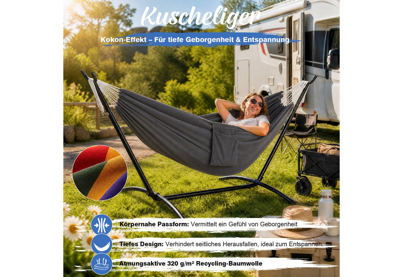 Sekey Hängematte mit Gestell, höhenverstellbare Doppelhängematte bis 200 kg belastbar, mit Tragetasche für Garten, Balkon und Terrasse, Indoor & Outdoor – Bild 3 von 5
