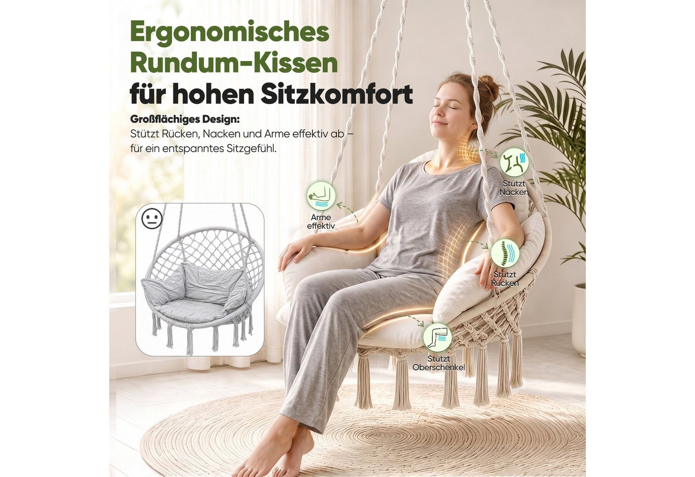 Sekey Hängesessel Hängesessel mit Kissen, Hängestuhl aus Baumwolle bis 120 kg belastbar, Hängeschaukel als Hängesitz für Indoor Outdoor, Wohnzimmer und Garten – Bild 3 von 5