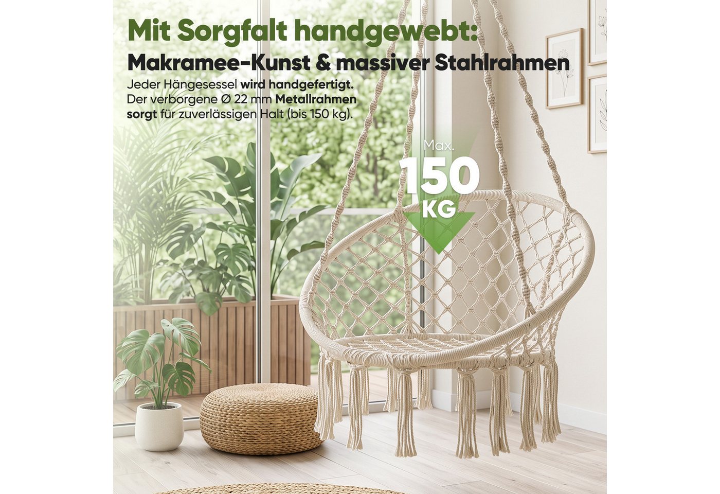 Sekey Hängesessel Hängesessel mit Kissen, Hängestuhl aus Baumwolle bis 120 kg belastbar, Hängeschaukel als Hängesitz für Indoor Outdoor, Wohnzimmer und Garten – Bild 5 von 5