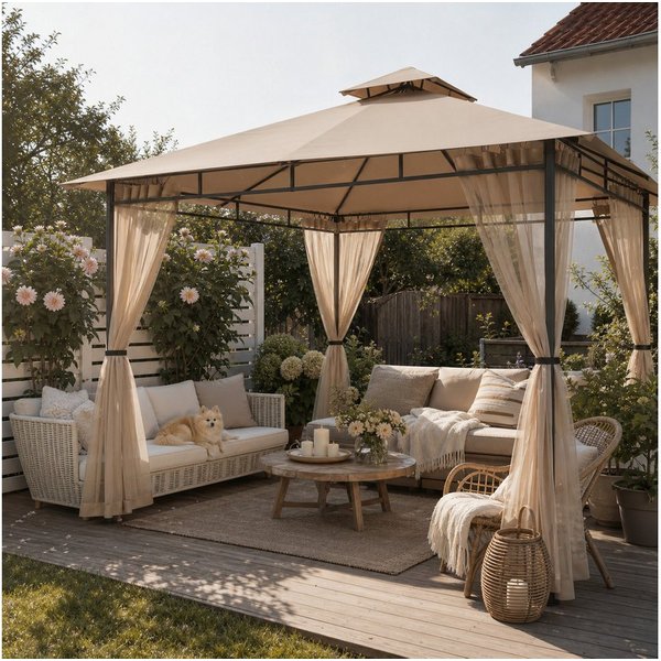 Sekey Pavillon 3 x 3m Pavillon Partyzelt Gartenpavillon mit Moskitonetz, Doppeldach, mit 4 Seitenteilen, Stabil, Wasserdicht, Winfest, Sonnenschutz