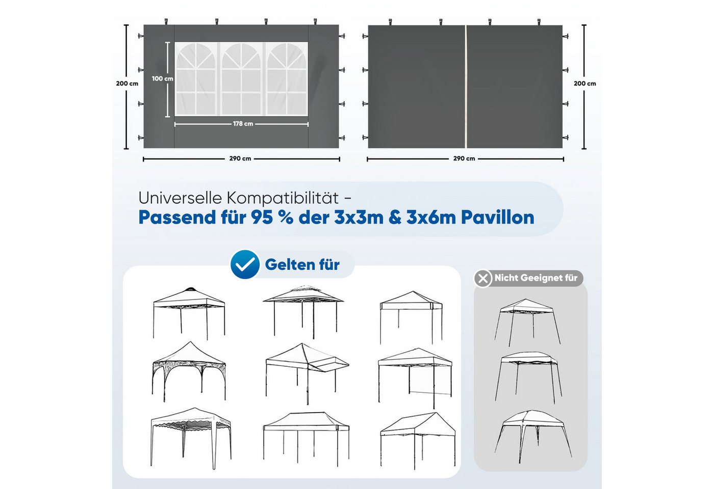 Sekey Pavillonseitenteil 2er Set Pavillon Seitenteile Seitenwand für Faltpavillon 300 x 300 cm, Mit Reißverschluss, mit Fenster / auch für 300 x 600 cm, 300 x 9 – Bild 2 von 5