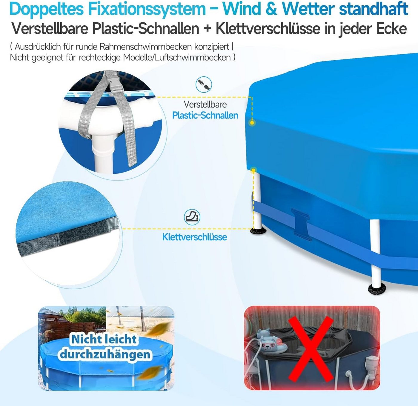 Sekey Pool-Abdeckplane Poolabdeckung Rund Swimmingpool Abdeckplane Sommer & Winter Schwimmbad, Wind- & Staubdicht, keine zusätzlichen Befestigungen nötig – Bild 3 von 5