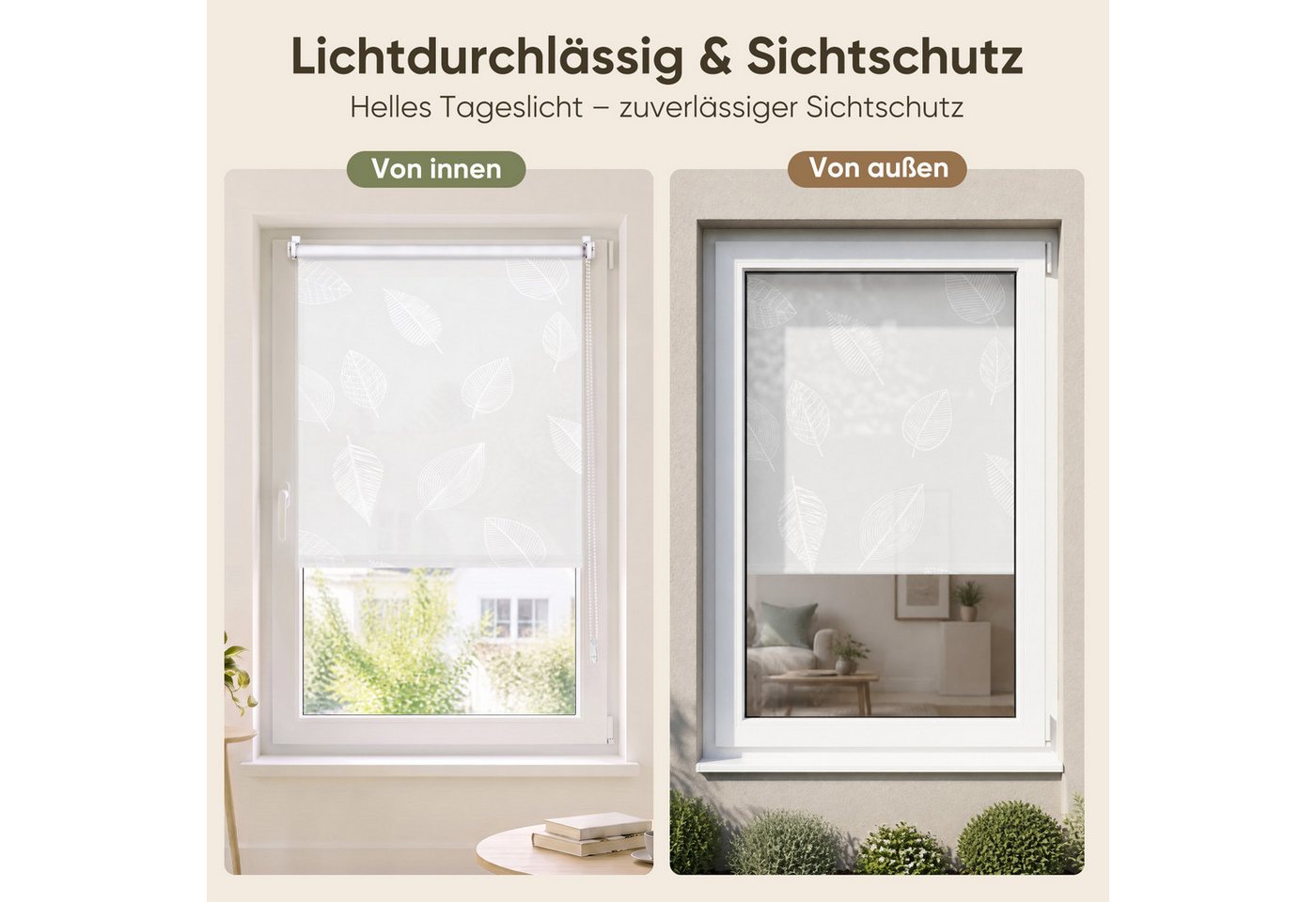 Rollo Seitenzugrollo Rollo ohne Bohren blickdicht Sichtschutzrollo, Sekey, Klemmfix, Klemmfix, Trendiges Rollo Lichtdurchlässig mit Blatt weiss – NEUHEIT – Bild 2 von 5