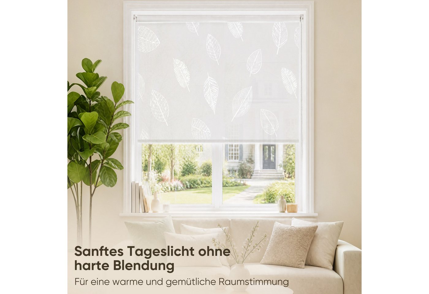 Rollo Seitenzugrollo Rollo ohne Bohren blickdicht Sichtschutzrollo, Sekey, Klemmfix, Klemmfix, Trendiges Rollo Lichtdurchlässig mit Blatt weiss – NEUHEIT – Bild 3 von 5