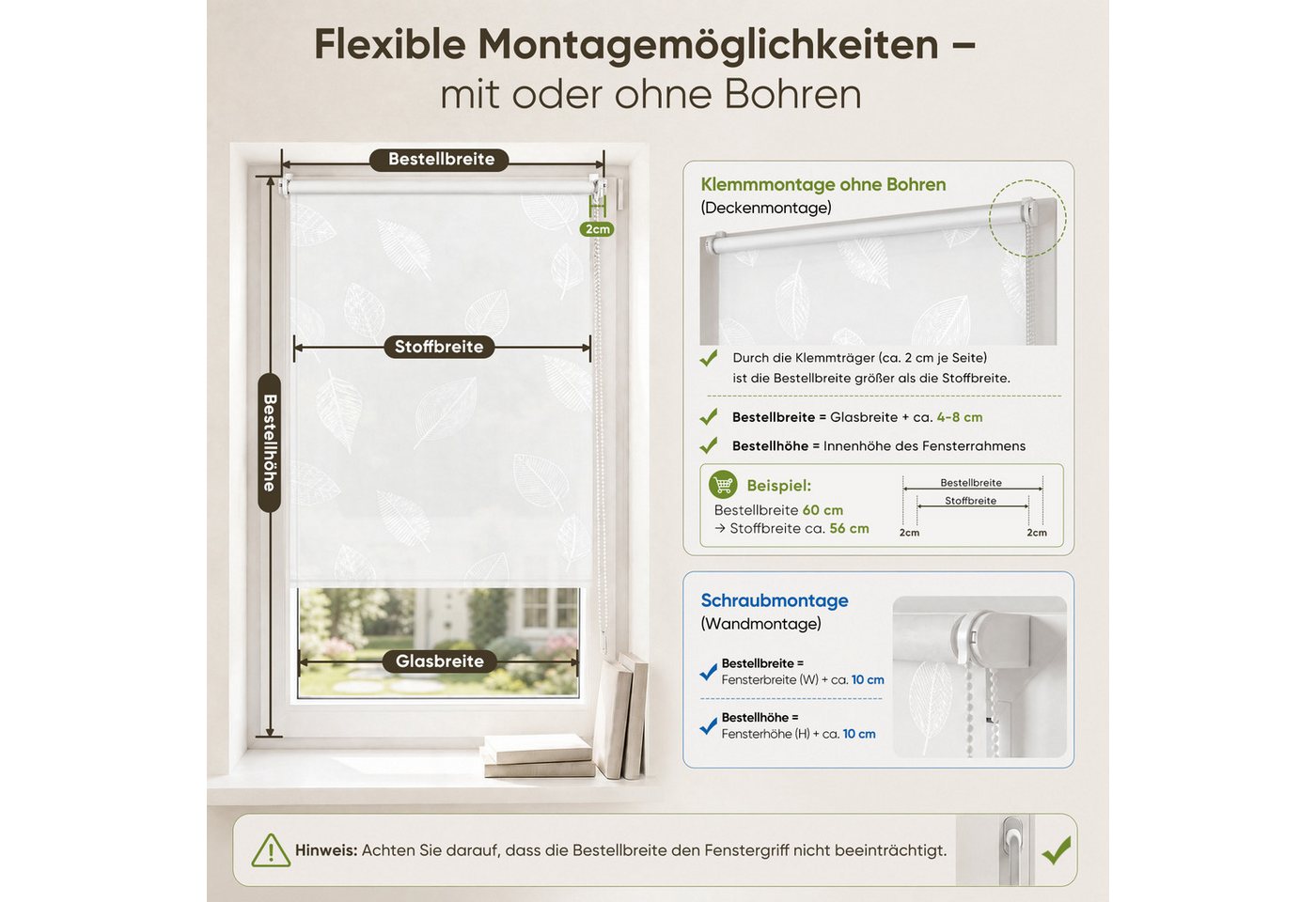 Rollo Seitenzugrollo Rollo ohne Bohren blickdicht Sichtschutzrollo, Sekey, Klemmfix, Klemmfix, Trendiges Rollo Lichtdurchlässig mit Blatt weiss – NEUHEIT – Bild 4 von 5