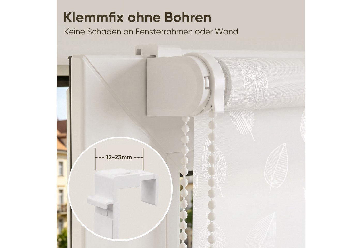Rollo Seitenzugrollo Rollo ohne Bohren blickdicht Sichtschutzrollo, Sekey, Klemmfix, Klemmfix, Trendiges Rollo Lichtdurchlässig mit Blatt weiss – NEUHEIT – Bild 5 von 5