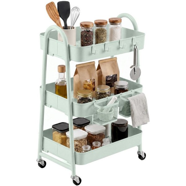 Sekey Rollwagen Küche 30 cm Breit Servierwagen mit Rollen Metall, 2 Körben & 4 Haken, Innovatives Klick-Design für schnelle Montage ohne Schrauben