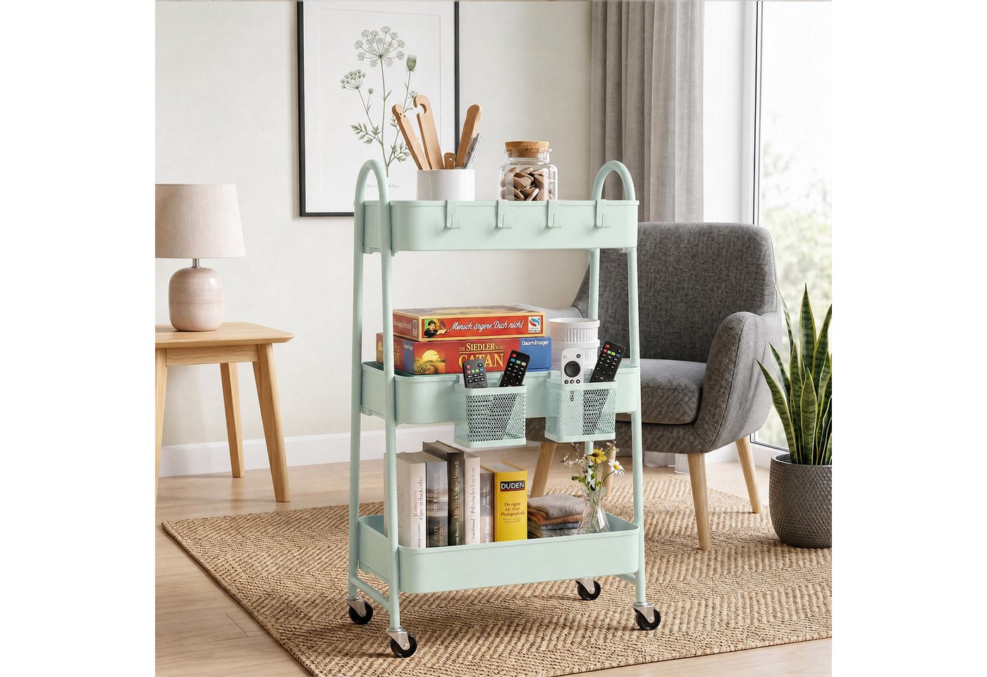 Sekey Rollwagen Küche 30 cm Breit Servierwagen mit Rollen Metall, 2 Körben & 4 Haken, Innovatives Klick-Design für schnelle Montage ohne Schrauben – Bild 2 von 5