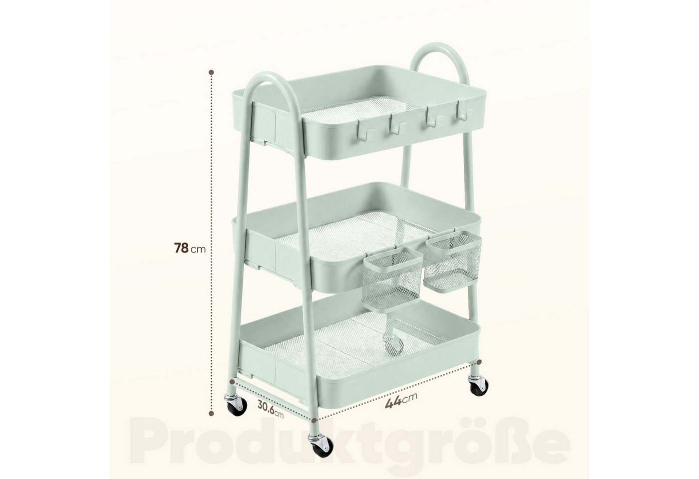Sekey Rollwagen Küche 30 cm Breit Servierwagen mit Rollen Metall, 2 Körben & 4 Haken, Innovatives Klick-Design für schnelle Montage ohne Schrauben – Bild 3 von 5