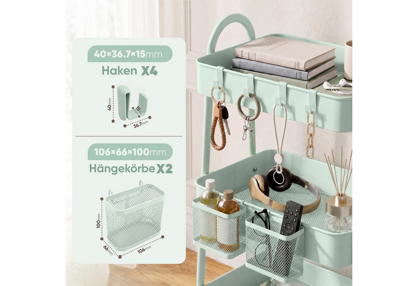 Sekey Rollwagen Küche 30 cm Breit Servierwagen mit Rollen Metall, 2 Körben & 4 Haken, Innovatives Klick-Design für schnelle Montage ohne Schrauben – Bild 4 von 5