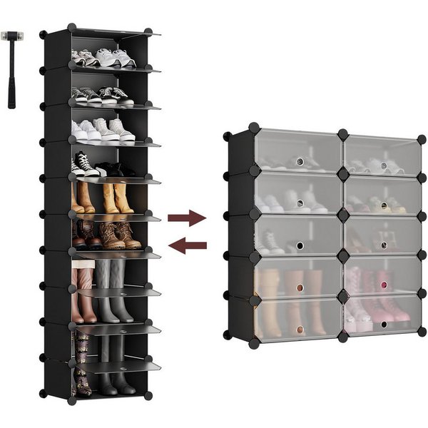 Sekey Schuhregal Platzsparendes Schuhregal mit Stecksystem – 10 Ebenen, Hoch & Schmal, Schuhaufbewahrung für 20–30 Paar Schuhe