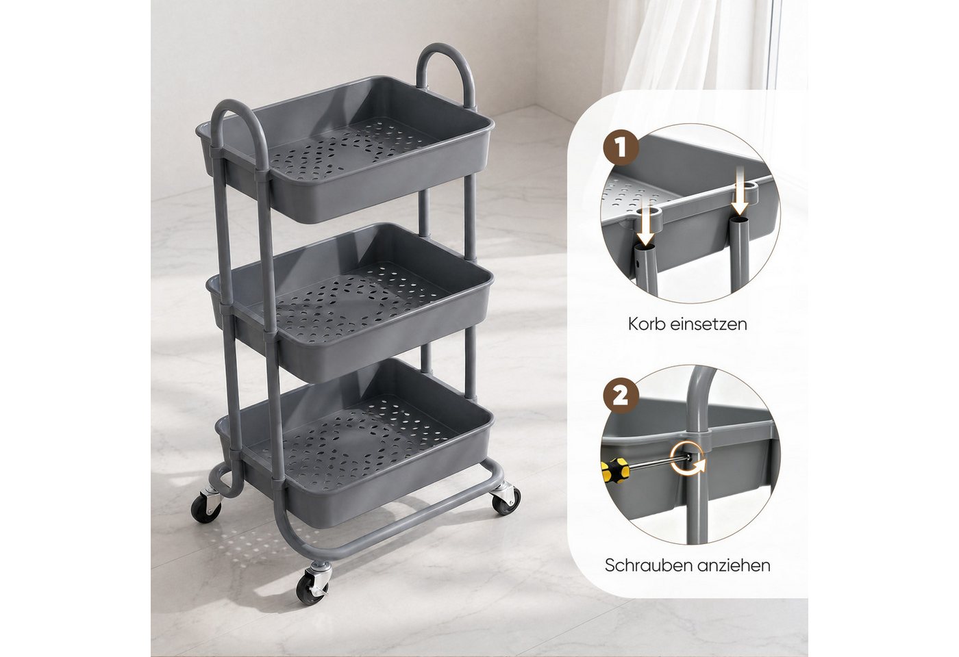 Sekey Servierwagen Rollwagen badezimmer 35cm breit Badezimmerregal mit 3 Ebenen, Servierwagen Wohnzimmer, Küchenwagen,34 x 42.7 x 84.4cm – Bild 3 von 5