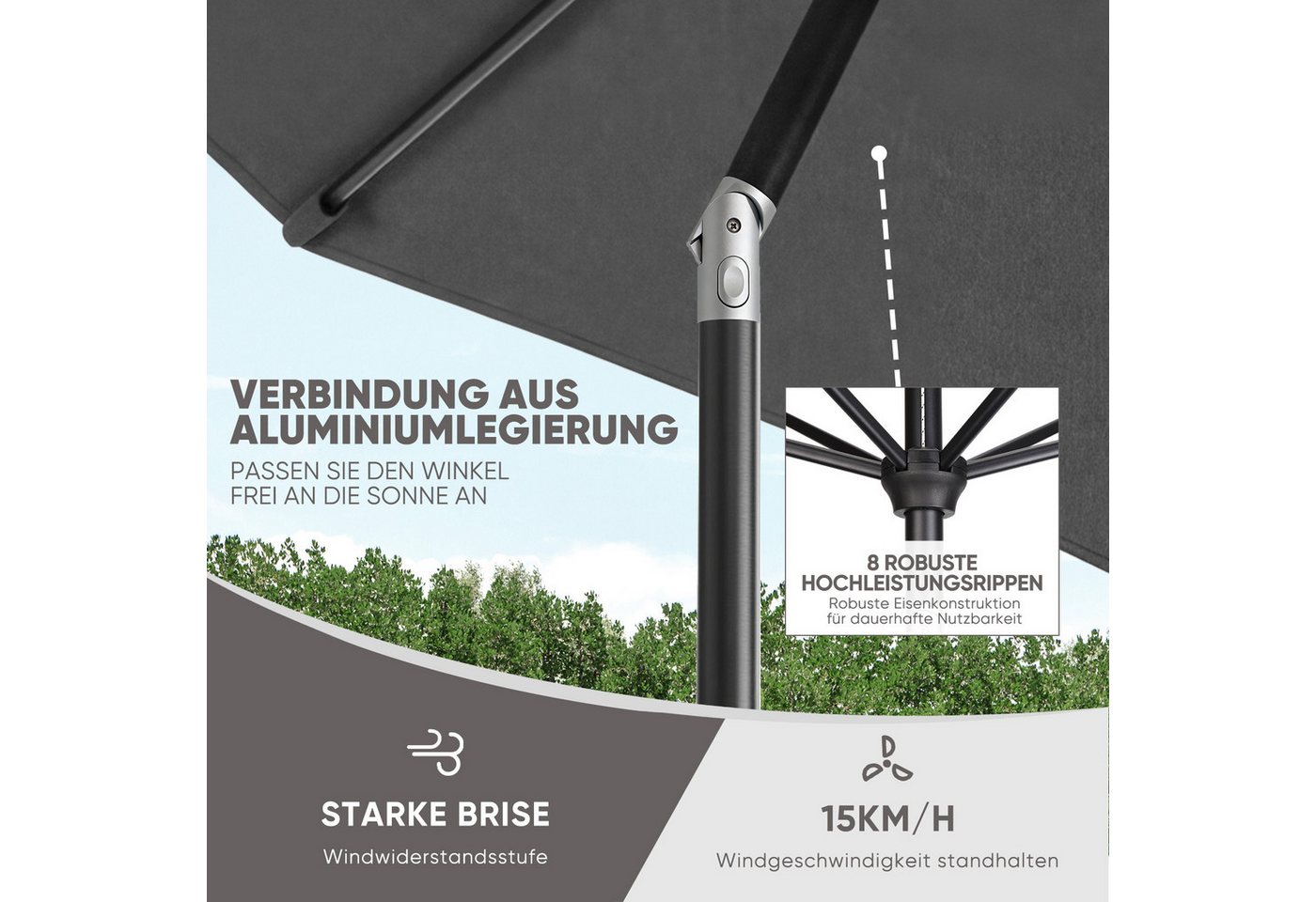 Sekey Sonnenschirm 3m Marktschirm mit Kurbel, Gartenschirm, 8 Streben, Sonnenschutz 50+, LxB: 300,00x300,00 cm, mit/ohne LED-Lichtern, Terrassenschirm Rund – Bild 3 von 5