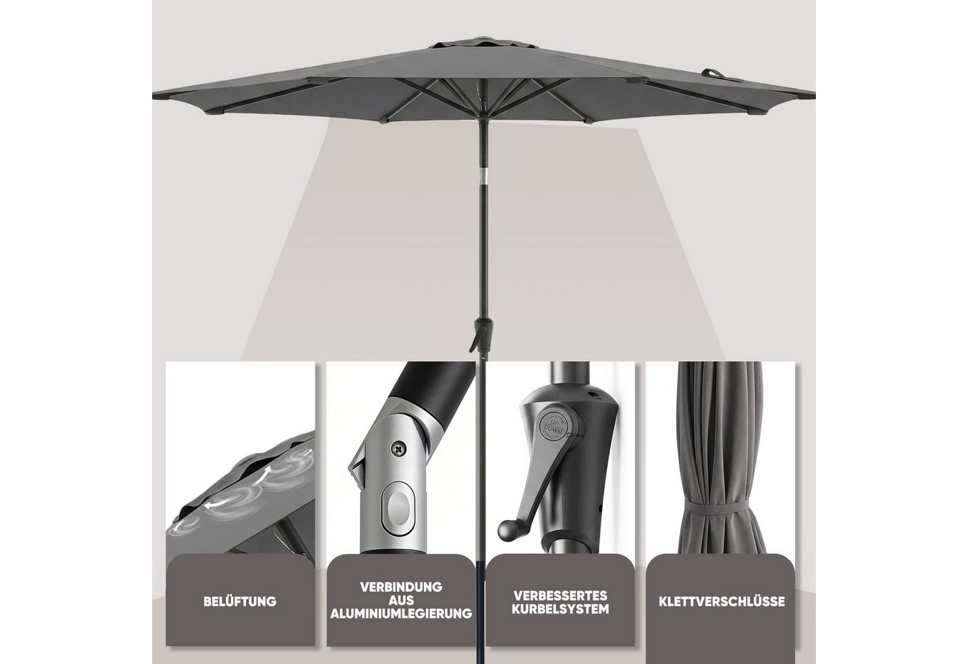 Sekey Sonnenschirm 3m Marktschirm mit Kurbel, Gartenschirm, 8 Streben, Sonnenschutz 50+, LxB: 300,00x300,00 cm, mit/ohne LED-Lichtern, Terrassenschirm Rund – Bild 4 von 5