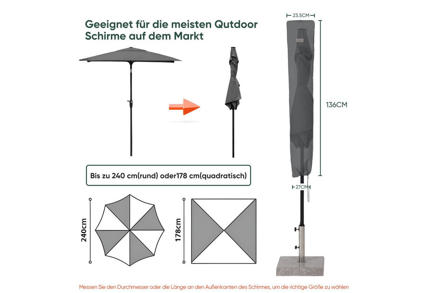 Sekey Sonnenschirm-Schutzhülle 2m Balkonschirm, 4m Gartenschirm, 3m Ampelschirm Schutzhülle, Grau, für Ø 180cm, Ø 200cm, 210cm x 140cm / 200cm x 125cm Balkonsch – Bild 2 von 5