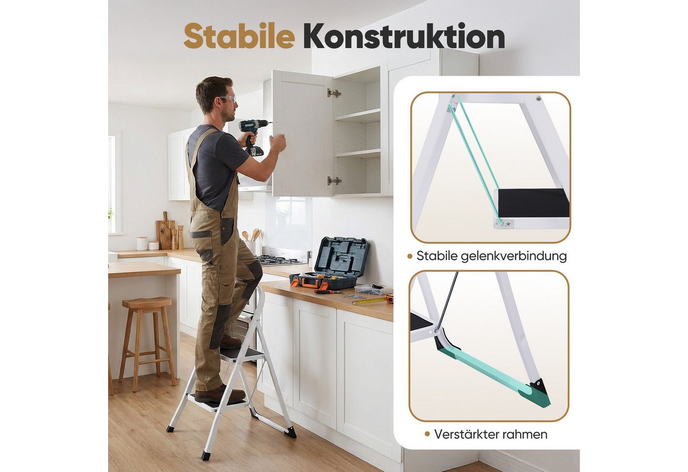 Sekey Trittleiter klappleiter 2 stufen / 3 stufen, bis 150 kg belastbar, Haushaltsleiter 2 stufen mit rutschfesten Stufen, Lock-Klappsperre – Bild 2 von 5