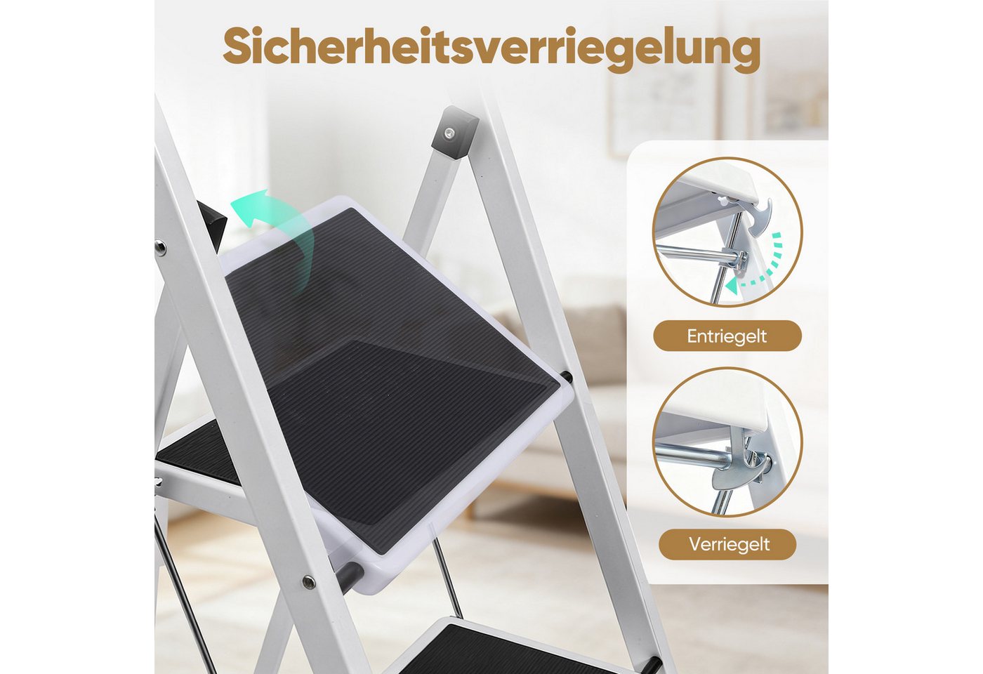 Sekey Trittleiter klappleiter 2 stufen / 3 stufen, bis 150 kg belastbar, Haushaltsleiter 2 stufen mit rutschfesten Stufen, Lock-Klappsperre – Bild 4 von 5