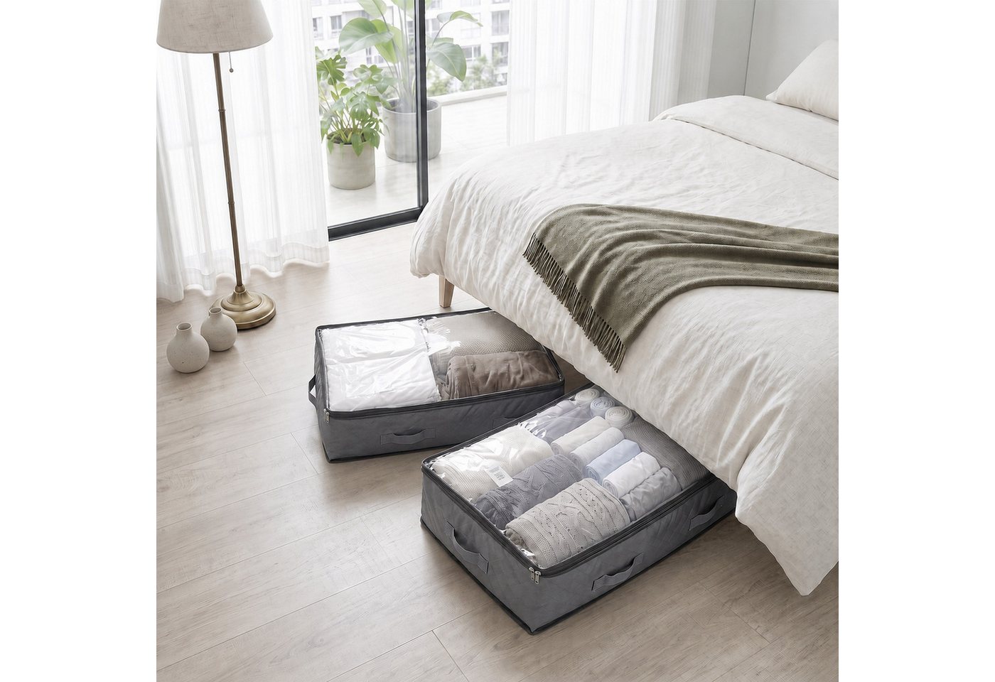 Sekey Unterbettkommode Unterbett Aufbewahrung Aufbewahrungstasche 110L mit Deckel, faltbar (2 St), Für Kleidung, Bettwäsche Decken transparent mit Doppelreißver – Bild 2 von 5