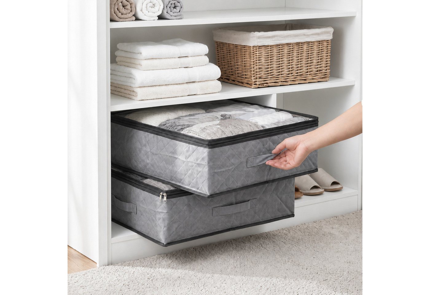 Sekey Unterbettkommode Unterbett Aufbewahrung Aufbewahrungstasche 110L mit Deckel, faltbar (8 St), Für Kleidung, Bettwäsche Decken transparent mit Doppelreißver – Bild 3 von 5