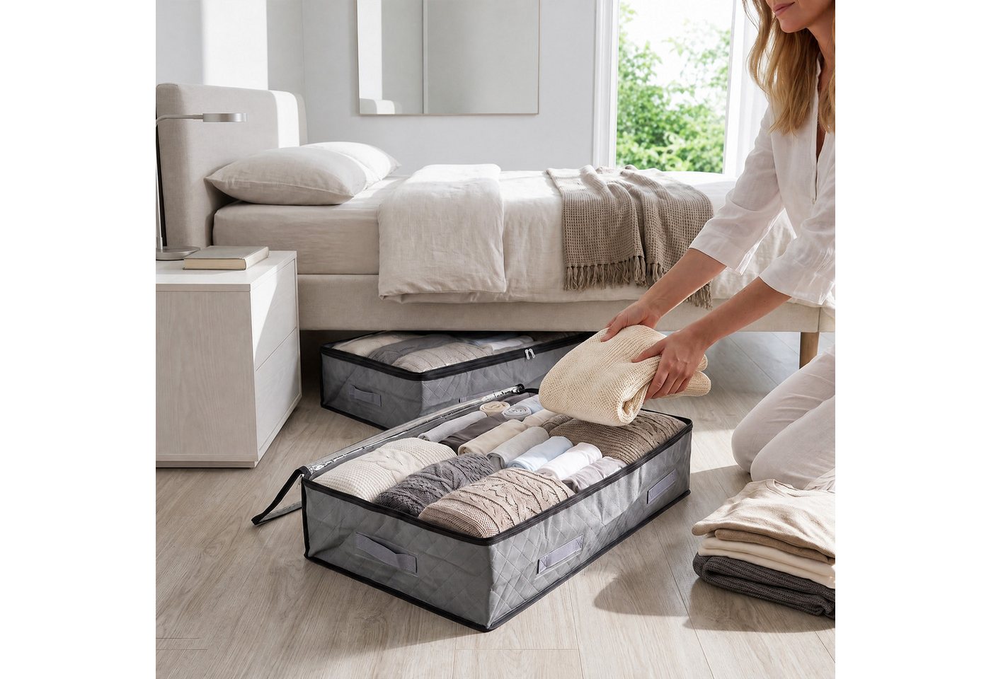 Sekey Unterbettkommode Unterbett Aufbewahrung Aufbewahrungstasche 110L mit Deckel, faltbar (8 St), Für Kleidung, Bettwäsche Decken transparent mit Doppelreißver – Bild 4 von 5