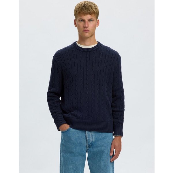 Selected Rundhalspullover SLMBRAUN KNIT CABLE CREW NOOS Baumwolle, relaxed fit