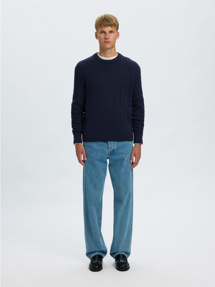 Selected Rundhalspullover SLMBRAUN KNIT CABLE CREW NOOS Baumwolle, relaxed fit – Bild 4 von 5