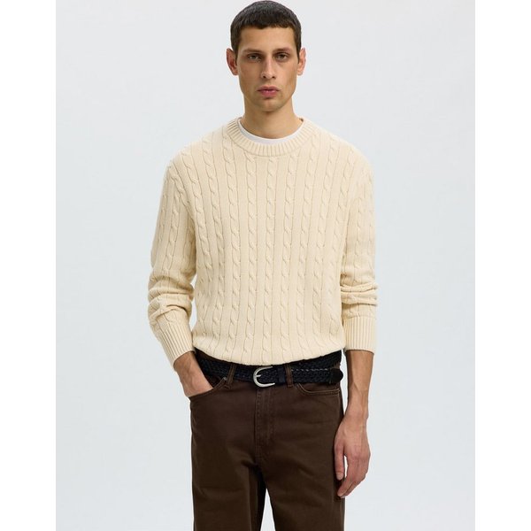 Selected Rundhalspullover SLMBRAUN KNIT CABLE CREW NOOS Baumwolle, relaxed fit