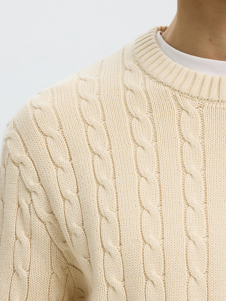 Selected Rundhalspullover SLMBRAUN KNIT CABLE CREW NOOS Baumwolle, relaxed fit – Bild 3 von 5