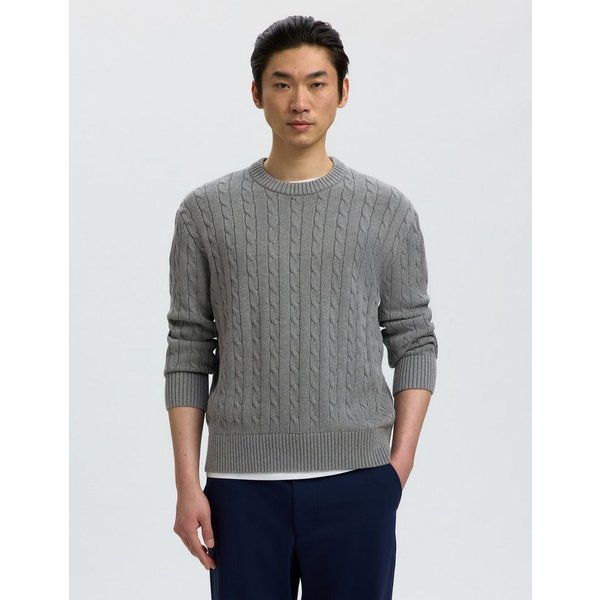 Selected Rundhalspullover SLMBRAUN KNIT CABLE CREW NOOS Baumwolle, relaxed fit