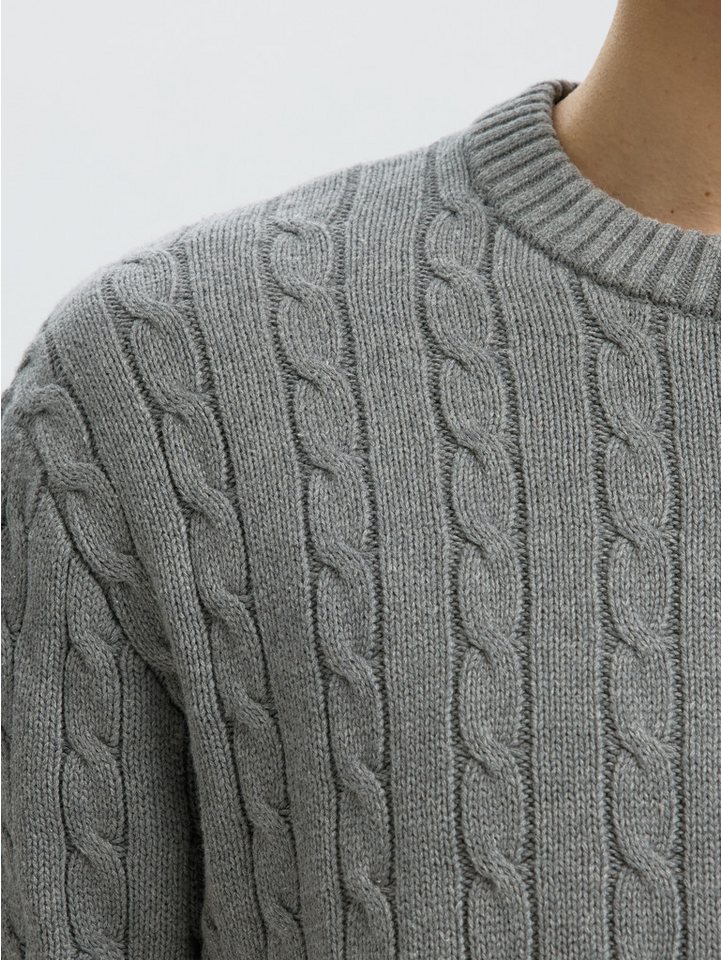 Selected Rundhalspullover SLMBRAUN KNIT CABLE CREW NOOS Baumwolle, relaxed fit – Bild 3 von 5