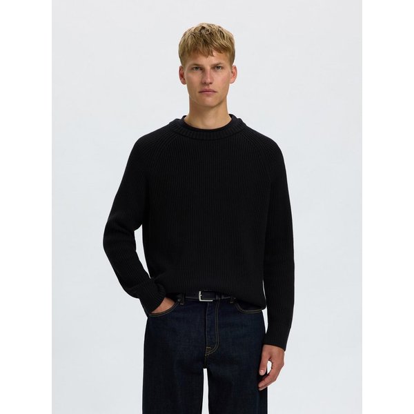 Selected Rundhalspullover SLMBRAUN KNIT RIB CREW NECK NOOS Baumwolle, relaxed fit