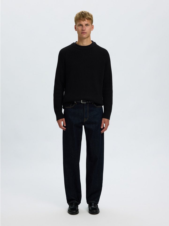 Selected Rundhalspullover SLMBRAUN KNIT RIB CREW NECK NOOS Baumwolle, relaxed fit – Bild 5 von 5