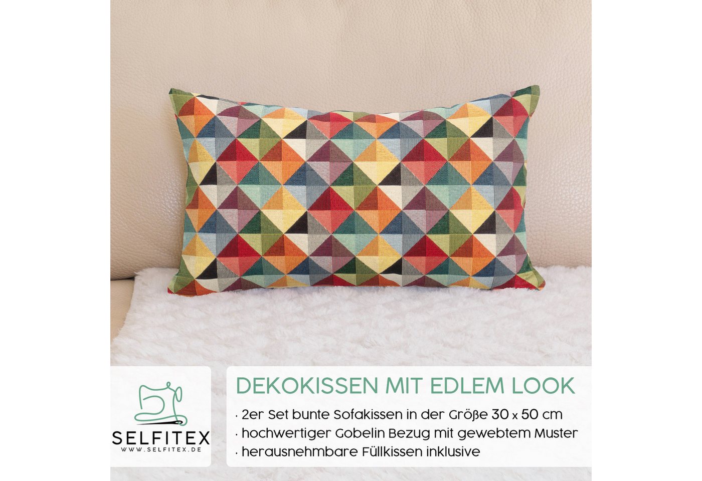 Selfitex Dekokissen mit buntem Muster im 2er Set, 30x50/40x40/50x50 inkl. Füllkissen, hochwertig gewebter Gobelin Kissenbezug mit weichem Füllkissen – Bild 2 von 5
