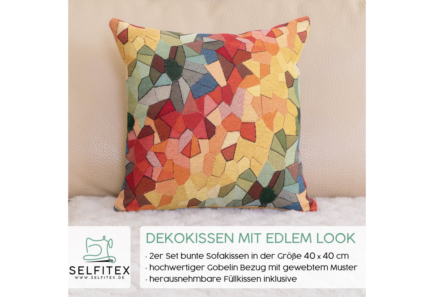Selfitex Dekokissen mit buntem Muster im 2er Set, 30x50/40x40/50x50 inkl. Füllkissen, hochwertig gewebter Gobelin Kissenbezug mit weichem Füllkissen – Bild 2 von 5